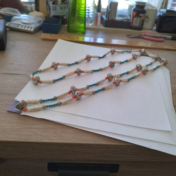 Imported simulated blue turquoise beaded tribal style long strech necklace coral - Picture 2 of 6